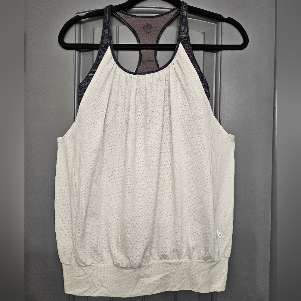 ALO YOGA Layered Athletic Tank Top with Built-in Bra, White/Black/Gray, Sz S